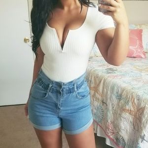 Blue Blush Deep V Ribbed Bodysuit